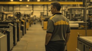 Engineer observing integrated sheet metal fabrication systems in a modern manufacturing facility. Showcasing Total Rollforming's expertise in seamless production integration to enhance efficiency, precision, and productivity in metal fabrication